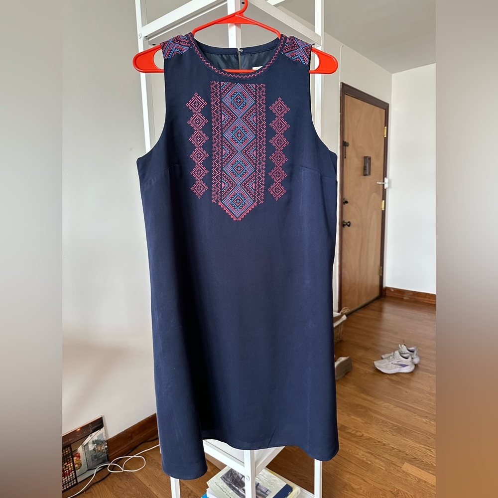 Vintage J. Crew Dark Blue Shift Dress with Pink Embroidery M